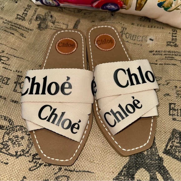 Chloé NWOB! Woody Logo-Print Canvas Slides Size 36 - Picture 5 of 11